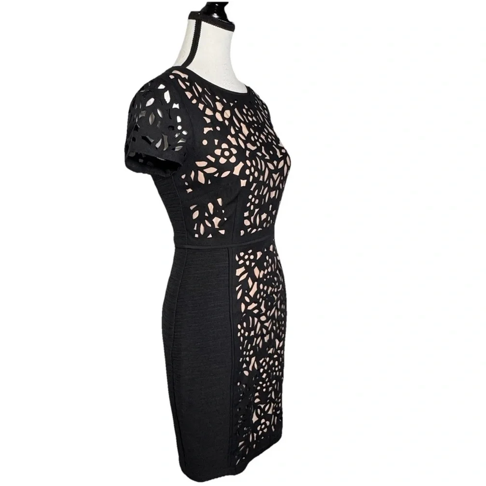 Maeve Anthropologie Black Nude Basalt Laser Cut Sheath Mini Dress 0P Petite New - Picture 2 of 7